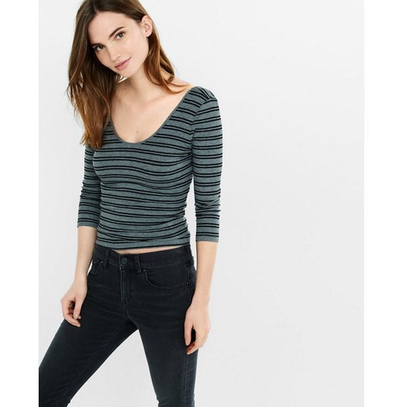 Express Striped Black & Grey Scoop 3/4 Sleeve Tee - Picture 4 of 4